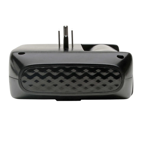 Back view of Six Outlet Pivoting Surge Protector Power Strip With Wall Mount Capability, Black Finish, plug prongs visible