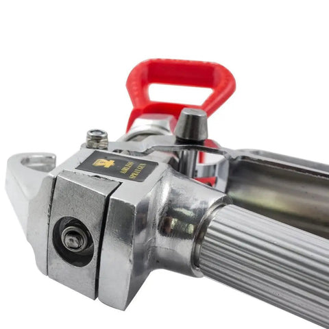 Built Tough Airless Paint Spray Gun With Nozzle Guard For Pump Sprayer 3600 Psi High Pressure Setup close-up view of stainless steel assembly.