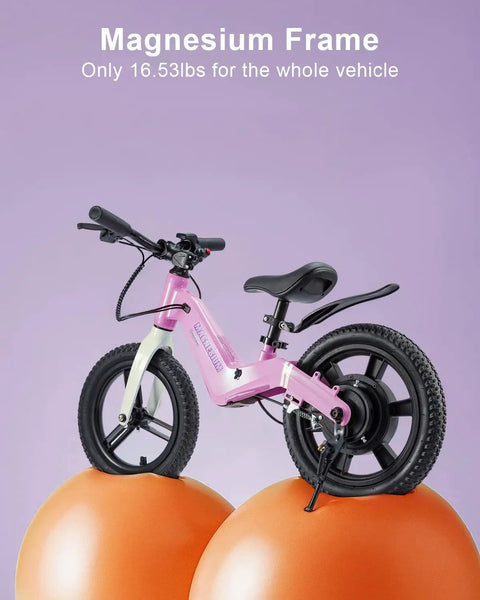 Electric Balance Bike For Kids With 14 Inch Tires Pink Ages 3 To 7 Kid Friendly Three Speed Modes Up To Nine MPH Lightweight 16.5 Lbs Frame Nine Mile Range Light Up Front Tire Adjustable Seat Safe Magnesium Alloy Build, pink magnesium frame
