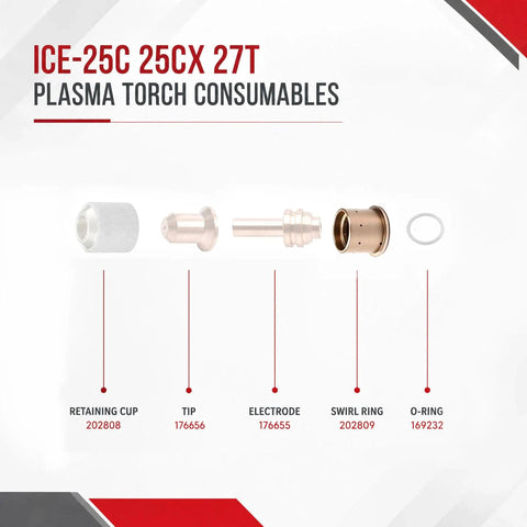 Pro Grade Electrode Tip Kit For Plasma Cutter Torch Fits 375 Series And ICE 25C 27C Includes Swirl Ring and consumable parts