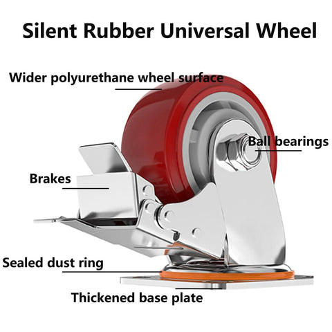 Heavy Duty Industrial Casters Set Of Four Swivel Rubber Wheels With One Touch Brakes Silent Rolling Design For Workshop Carts And Mobile Toolboxes, showing swivel mechanism and rubber wheel detail.