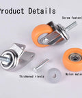 Swap Furniture Wobbles Fast With These One Inch Mini Swivel Casters Featuring Threaded Stems And Silently Rolling Nylon Wheels Built Tough For Tables And Workspace Chairs In Bright Matte Orange parts and details.