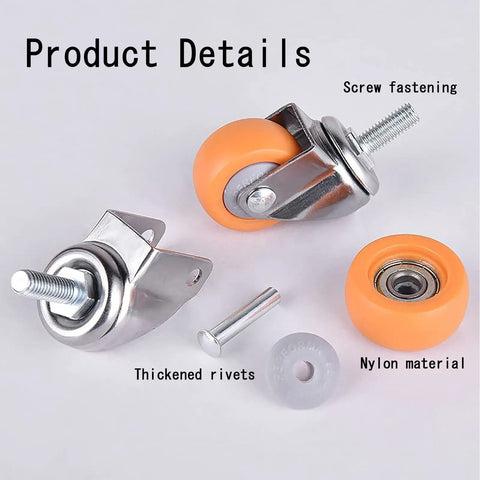 Swap Furniture Wobbles Fast With These One Inch Mini Swivel Casters Featuring Threaded Stems And Silently Rolling Nylon Wheels Built Tough For Tables And Workspace Chairs In Bright Matte Orange parts and details.