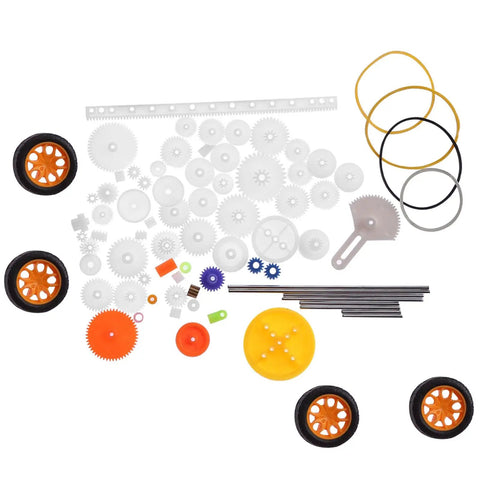 78 Piece Plastic Gear Set With Pulleys Belts Shafts DIY Kit For Toys And Models Durable White Plastic Gears displayed