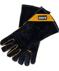 Black heavy duty heat resistant grill gloves with orange trim for outdoor cooking, featuring dope wrist protection for grilling and barbecues.