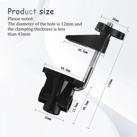 Rock Solid Desk Lamp Mount with Swing Arm Clamp Holder Fits Anything Under 12 Mm Tube for DIY Table Lamps and LED Fixtures dimensions displayed