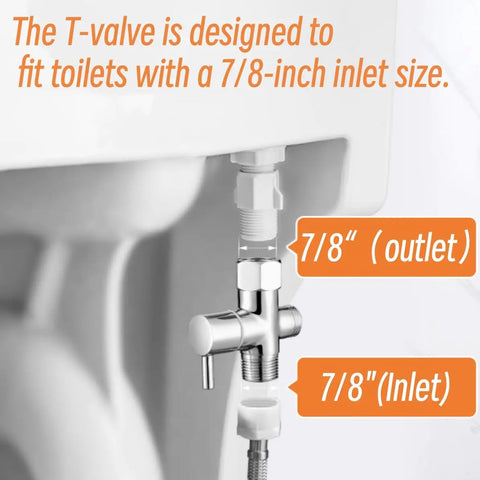 Close-up of T-valve for handheld bidet spray kit, showing 7/8-inch inlet size, part of Toilet Sprayer Attachment for Easy Install.