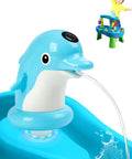 Close-up of Dolphin Water Table Pump With Magnetic Base No Drill 3 Hour Runtime Rechargeable Continuous Flow Outdoor Water Play Toy For Kids Step Two Blue Durable Kid Friendly Design With Splashy Dolphin Arch For Rainbow Sprays And Easy Setup For Busy Parents