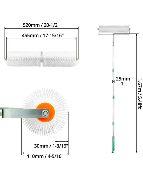 Dimensions of Spiked Screeding Roller for Self Leveling Floors, Pro Grade Latex Roller with 30mm Nails and Telescopic Rod