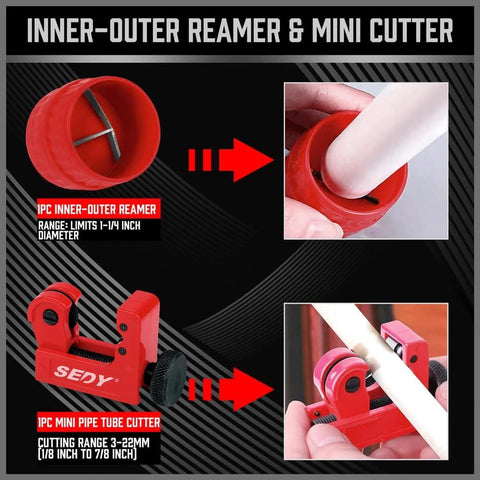 Tube cutter set with red inner-outer reamer and mini cutter; 2-piece kit for copper, aluminum, PVC pipes.