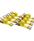 Eight yellow Heavy Duty Ratchet Tie Down Straps 2 Inch Wide By 15 Foot Long with zinc plated hardware