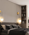 Brushed Gold Modern Wall Sconces Set Of Two With Milky White Hanging Globe Glass Shade Indoor Wall Lighting Bedroom Decor