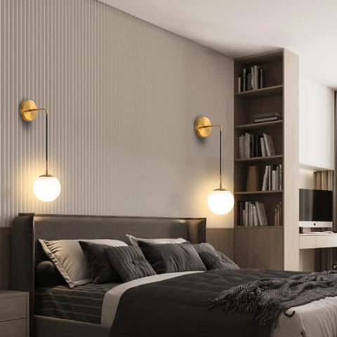 Brushed Gold Modern Wall Sconces Set Of Two With Milky White Hanging Globe Glass Shade Indoor Wall Lighting Bedroom Decor