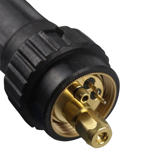Close-up of 15Ak Weld Torch Gun with Euro connector for Mig/Mag welding equipment, showing durable metal connection pins.