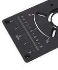 Close-up of Heavy Gauge Aluminum Router Table Insert Plate With Four Durable Rings And Metric Imperial Scale showing inch markings.