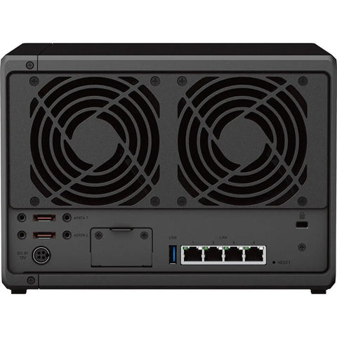 Back view of Beefy 5 Bay Network Storage Server With 40TB Capacity And 16GB Ram showing dual fans, USB, and Ethernet ports.