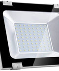 JUDYSSY Solar Flood Lights 50W Led Floodlight Outdoor Spotlight showing white LED panel and adjustable stand, suitable for garden use.