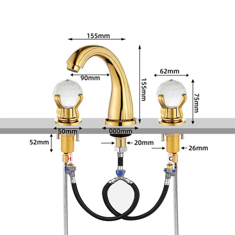 8 Inch Widespread Brass Bathroom Sink Faucet With Crystal Handles Deck Mounted Gold Ti PVD Finish No Drip Ceramic Cartridge