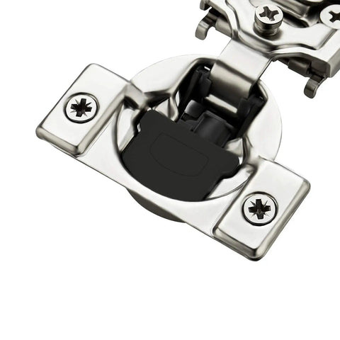 Close-up of soft close mechanism on 30 Pack 15 Pairs Half Inch Overlay Soft Close Cabinet Hinges For Kitchen Satin Nickel Hidden Concealed