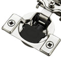 Close-up view of Two Pack One Half Inch Overlay Soft Close Kitchen Cabinet Hinges In Stainless Steel With Adjustable Mechanism And Satin Nickel Finish.