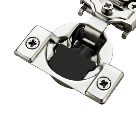 Close-up view of Two Pack One Half Inch Overlay Soft Close Kitchen Cabinet Hinges In Stainless Steel With Adjustable Mechanism And Satin Nickel Finish.