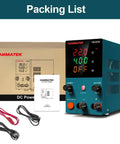 Packing list of DC Power Supply 0-30V 0-5A HM305M Mini Variable Switching Digital Bench Power Supply with cables and manual