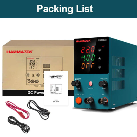 Packing list of DC Power Supply 0-30V 0-5A HM305M Mini Variable Switching Digital Bench Power Supply with cables and manual