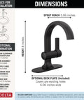 Dimensions of Modern Matte Black Single Hole Bathroom Faucet For Vanity Sink With Optional Deck Plate and Metal Push Pop Drain.
