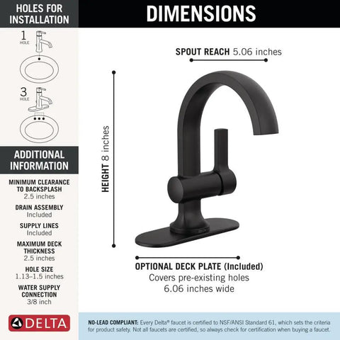 Dimensions of Modern Matte Black Single Hole Bathroom Faucet For Vanity Sink With Optional Deck Plate and Metal Push Pop Drain.