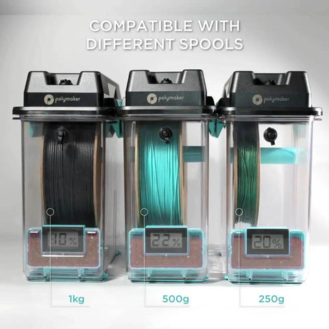 PolyDryer Box 3D Printing Filament Storage with humidity display, fits 1.75mm and 2.85mm filaments, showing different spool sizes