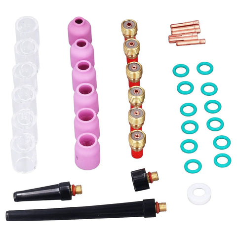 Heavy Duty Badass TIG Welding Torch Accessory Kit With Ceramic Gas Lens Nozzles Collet Set And Glass Cover For Wp 9 20 25 Torches parts layout, including nozzles, collets, and glass covers.