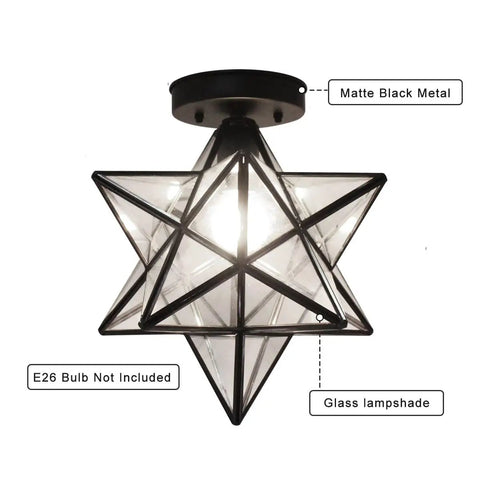 Moravian Star Tiffany Style Clear Glass Ceiling Light With Matte Black Base 12 Inch Shade 14 Inch Fixture Hardwired E26 Bulb Ready