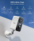 No Wires Battery Powered Wireless Outdoor Security Camera with 2K 3MP HD Video Built in Spotlight and Siren mounted outdoors