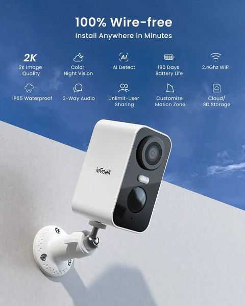 No Wires Battery Powered Wireless Outdoor Security Camera with 2K 3MP HD Video Built in Spotlight and Siren mounted outdoors