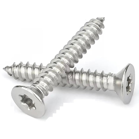 Built Like A Tank 125 Piece Torx Star Drive Flat Head Screw Set Featuring Heavy Duty 304 Stainless Steel For Wood And Sheet Metal Self Tapping Design With T20 Driver Bit Top Shelf Multipack close-up of stainless steel flat head screws
