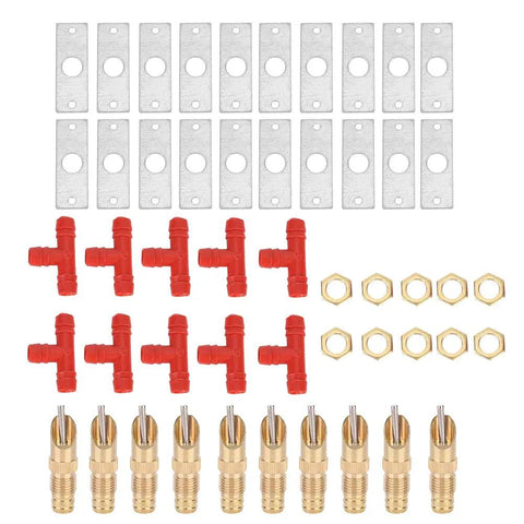 Auto Flow Rabbit Water Feeder Kit With Hose Hookup For Small Critters And Poultry Coops assembly parts including red connectors and brass nipples.