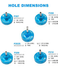 JRready ST2162-1 Crimp Tool Kit With New As2g Four Indent Eight Impression Crimper For 20 To 32 Awg Wire Including P Series Positioners And M81969 Plastic Insertion Removal Tools Complete Set showing hole dimensions of various positioners.