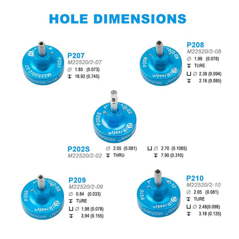 JRready ST2162-1 Crimp Tool Kit With New As2g Four Indent Eight Impression Crimper For 20 To 32 Awg Wire Including P Series Positioners And M81969 Plastic Insertion Removal Tools Complete Set showing hole dimensions of various positioners.