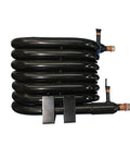 Heavy Duty Tube In Tube Coaxial Condenser for Heat Pump Water Heaters, black curved coils with connectors.