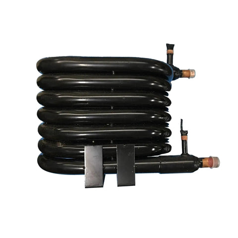 Heavy Duty Tube In Tube Coaxial Condenser for Heat Pump Water Heaters, black curved coils with connectors.