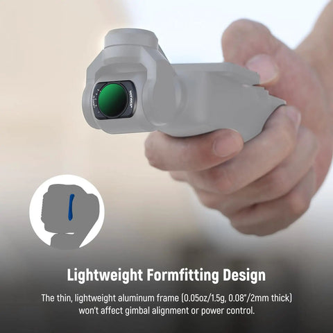 Person holding Variable ND And 1/4 Black Diffusion Filter For Mist Cinematic Effect Magnetic Filter Accessory attached to gimbal.