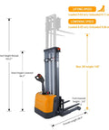 Compact Electric Pallet Stacker Rock Solid Workhorse 3300 Lb Capacity 138 Inch Max Lift Height Gel Battery Powered Forklift with detailed specs.