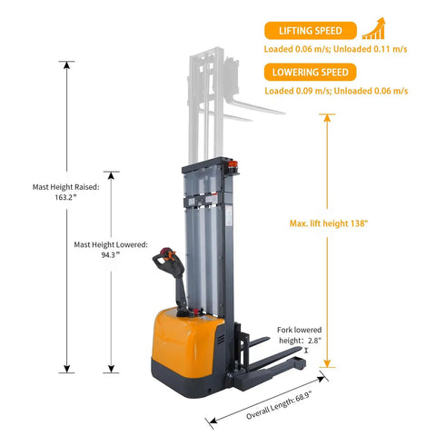 Compact Electric Pallet Stacker Rock Solid Workhorse 3300 Lb Capacity 138 Inch Max Lift Height Gel Battery Powered Forklift with detailed specs.