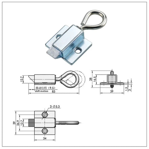 Easy Install Retractable Buckle With Pull Ring Latch for cabinet doors, durable cabinet lock design with dimensions shown