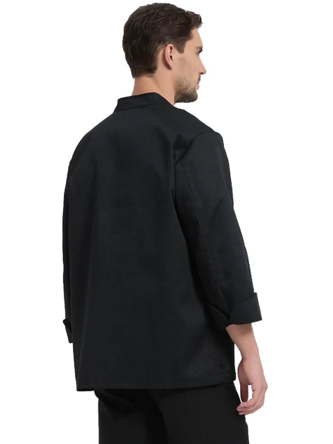 Back view of a man wearing a Straight Fire Kickass Chef Coat Black Long Sleeve Kitchen Workwear, rugged and breathable.
