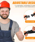 Man in hard hat showing Six Pack Built Tough Hard Hat Chin Straps 22 Inch Adjustable Universal Polyester Harness.