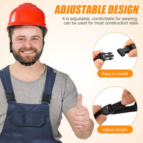 Man in hard hat showing Six Pack Built Tough Hard Hat Chin Straps 22 Inch Adjustable Universal Polyester Harness.