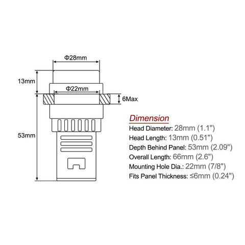Technical dimensions of Yellow Indicator Light With Buzzer 12V AC DC, 22mm Panel Mount Flashing Alarm, showing measurements and fit