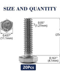 One Quarter Inch Hex Head Screw Bolt Pack Of Twenty In 304 Stainless Steel Fully Threaded With Plain Finish Twenty Threads Per Inch Tough As Nails Durability For Wood And Metal Projects showing size dimensions