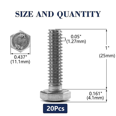 One Quarter Inch Hex Head Screw Bolt Pack Of Twenty In 304 Stainless Steel Fully Threaded With Plain Finish Twenty Threads Per Inch Tough As Nails Durability For Wood And Metal Projects showing size dimensions